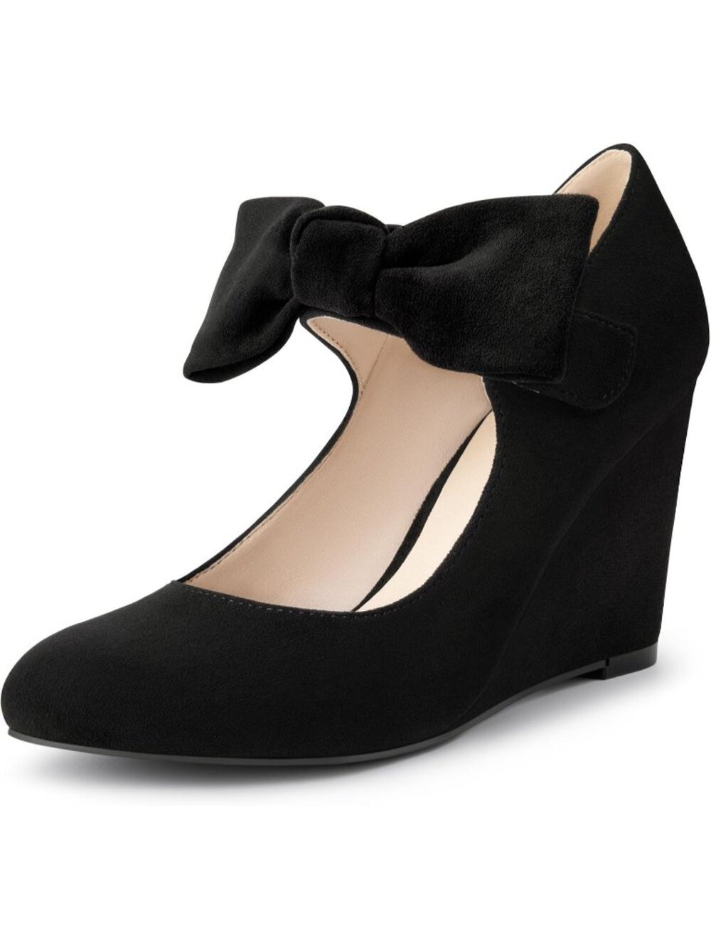 Women's Black Bow Wedge Pumps With Ankle Strap Closed Toe Dressy Heels Shoes